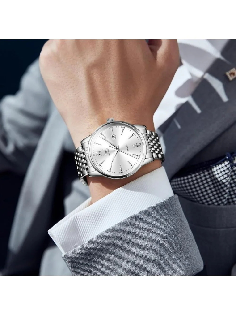 Men's Silver Stainless Steel Band Waterproof Roman Numbers Round Classic Watch